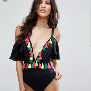 ASOS Tassel Trim Batwing Drape Swimsuit size 8
